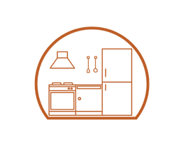 Minimalist outline of a kitchen featuring a stove, refrigerator, and extractor hood.